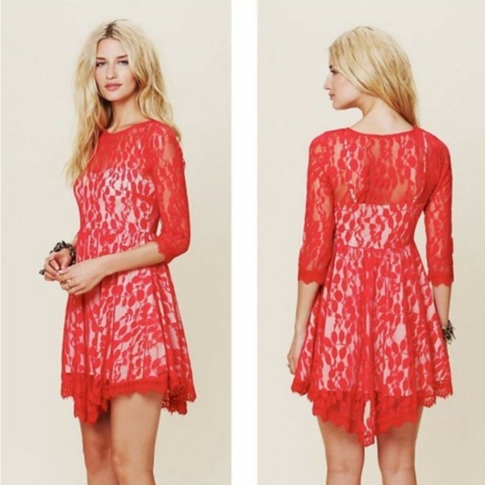 FREE PEOPLE Red Mesh Floral Lace Overlay Dress Size 0